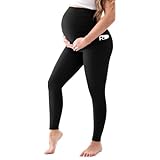 Walifrey Women's Maternity Leggings with Pockets，High Waist Opaque Comfortable Pregnancy Black Leggings L
