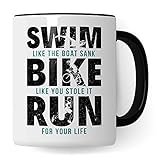 Triathlon Tasse Geschenkidee Swim Bike Run Kaffeetasse Humor Witz Geschenk für Triathleten Kaffeebecher Sportler Becher (Weiß & Schwarz)